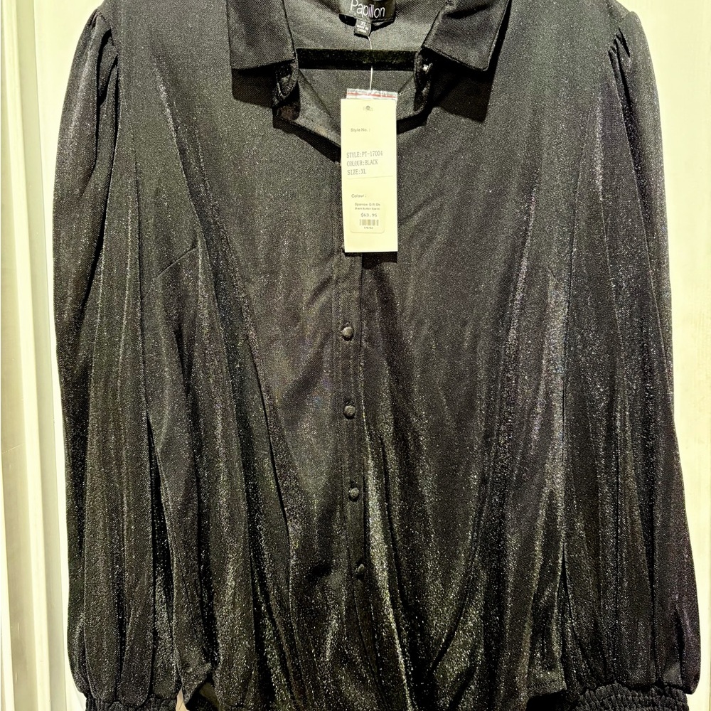 Papillon Blanc Black Shimmer Button-Front Blouse (New with tags)